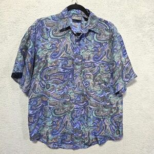 Vintage Shah Safari 100% Silk Mens Button Up Blue Paisley Size Small 90s